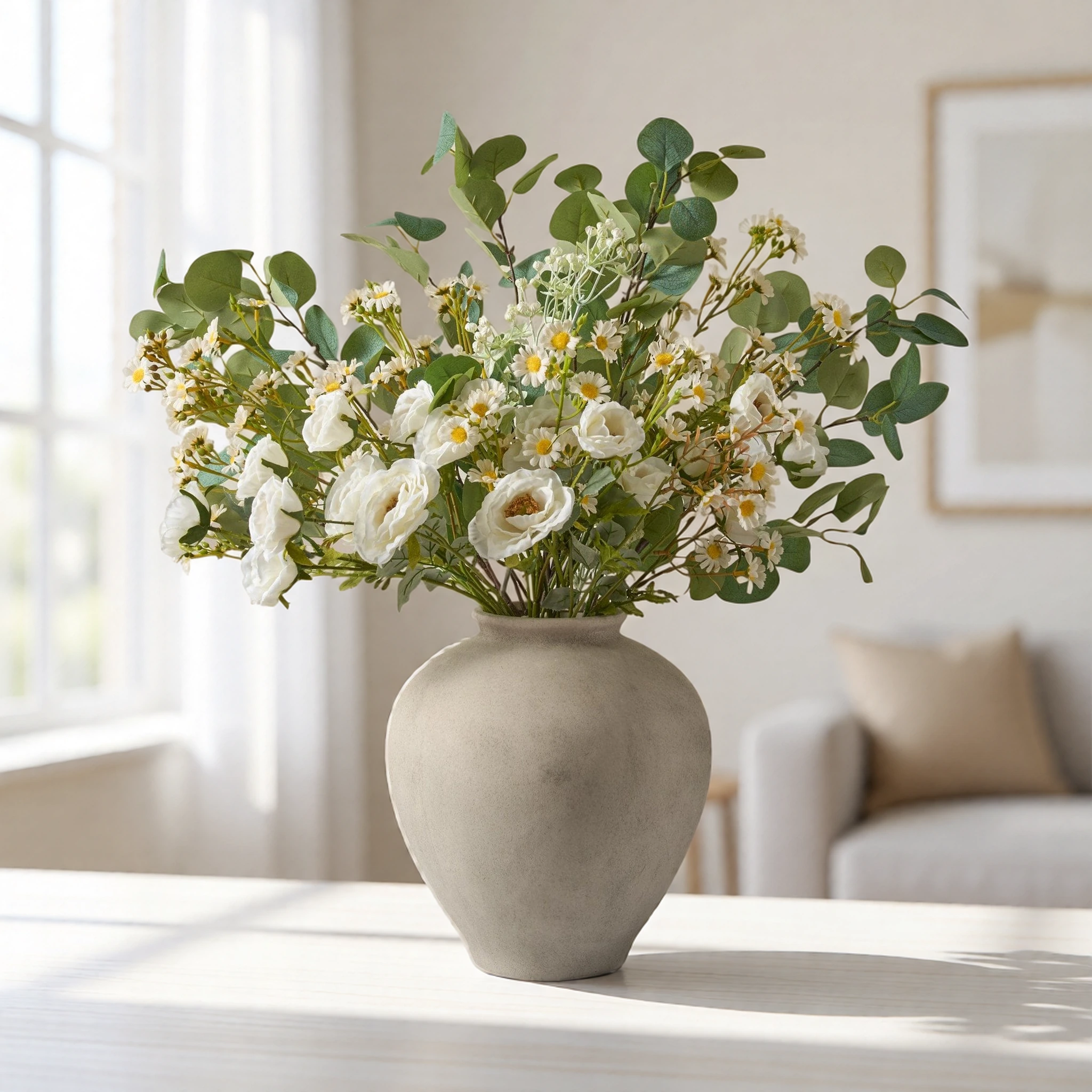 Lifelike Eucalyptus & White Chamomile Faux Flower Arrangement, 28 Inch Silk Floral for Living Room, Boho Spring Decor, No Watering Needed Vase Not