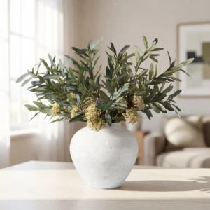 Lifelike Olive & Sage Berry Faux Flower Arrangement, 24 Inch Artificial Floral Centerpiece for Winter Decor, Farmhouse Style, No Watering Needed Vase