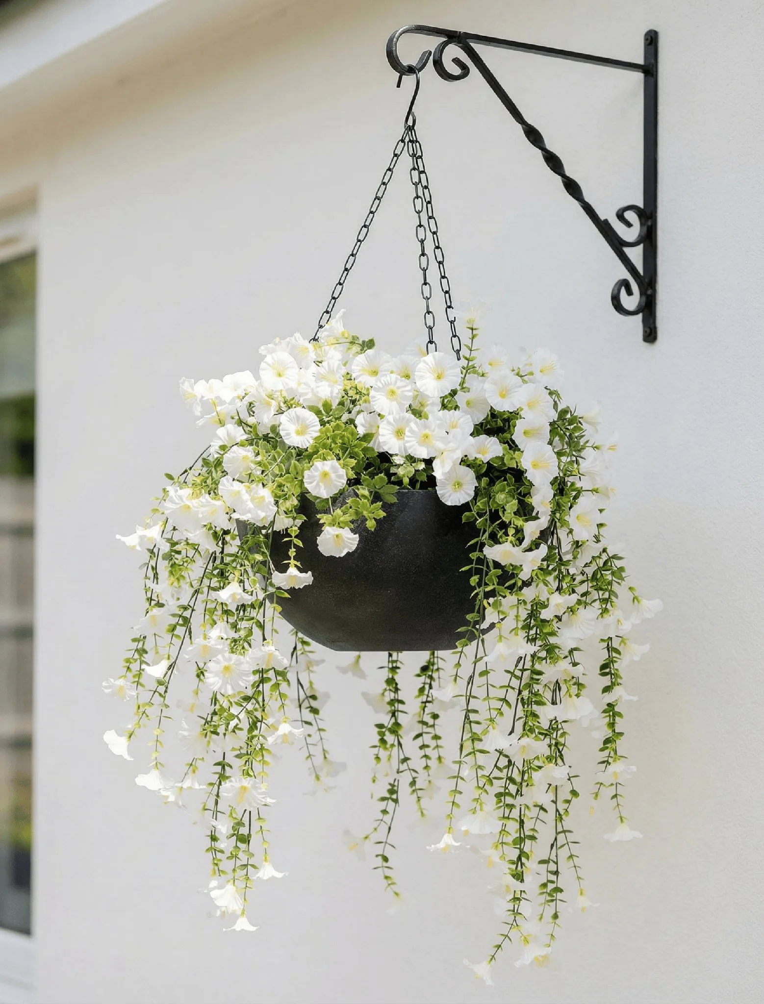 UV Resistant White Petunia Faux Flower Arrangement, 29cm x 15cm Hanging Basket for Outdoor Living Space, No Watering Needed, UV Protected PE Foliage