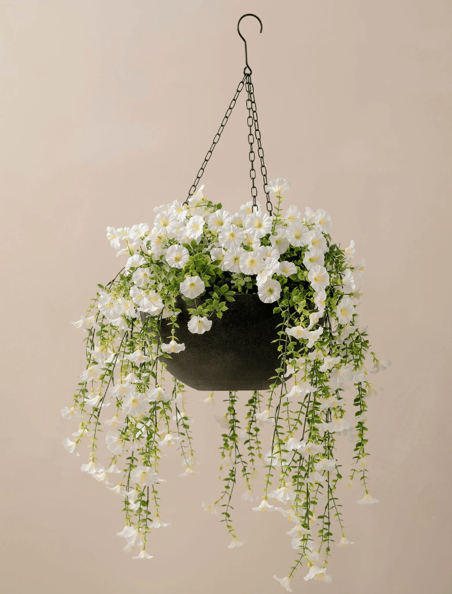 UV Resistant White Petunia Faux Flower Arrangement, 29cm x 15cm Hanging Basket for Outdoor Living Space, No Watering Needed, UV Protected PE Foliage