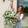 UV Resistant White Petunia Faux Flower Arrangement, 29cm x 15cm Hanging Basket for Outdoor Living Space, No Watering Needed, UV Protected PE Foliage
