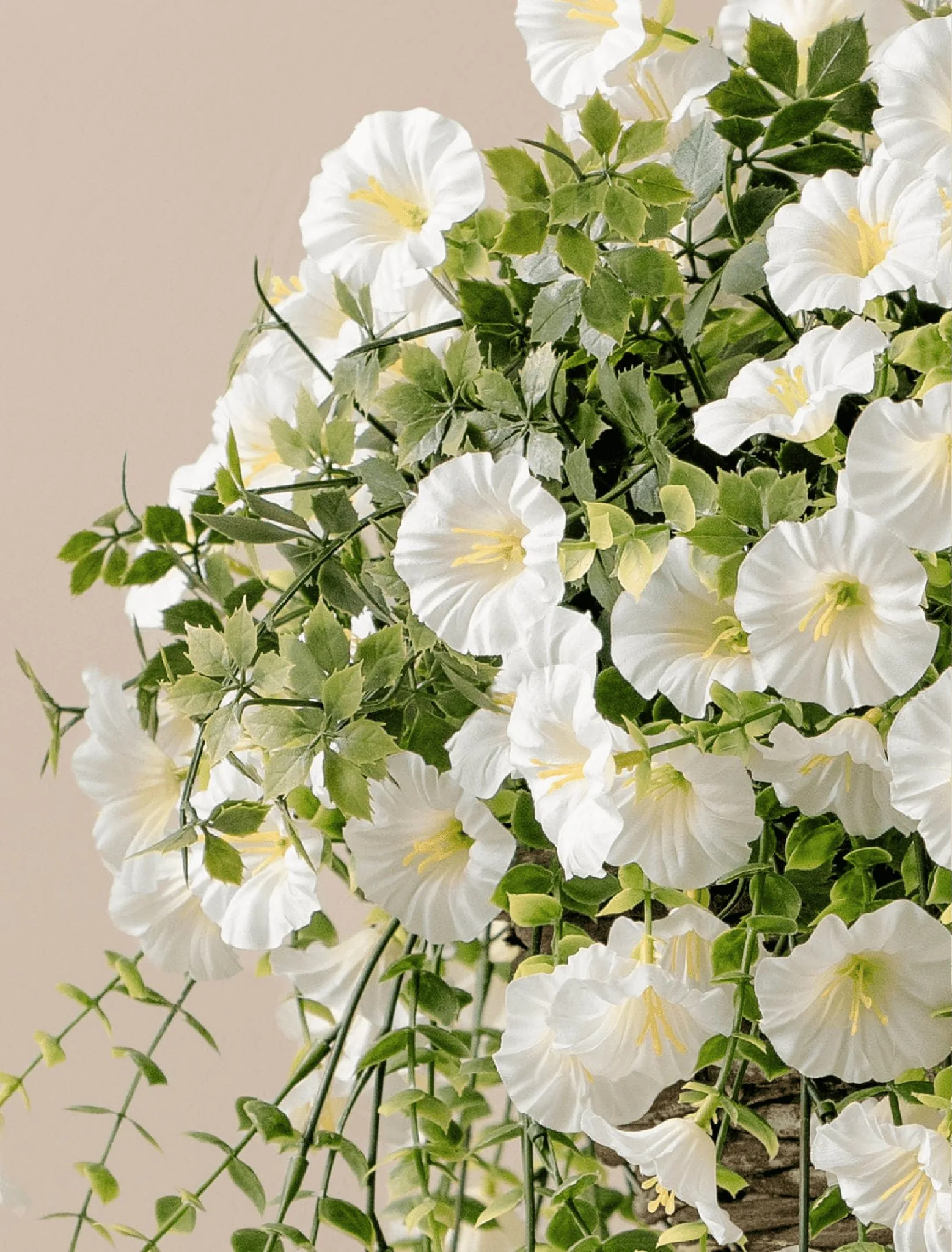 UV Resistant White Petunia Faux Flower Arrangement, 29cm x 15cm Hanging Basket for Outdoor Living Space, No Watering Needed, UV Protected PE Foliage