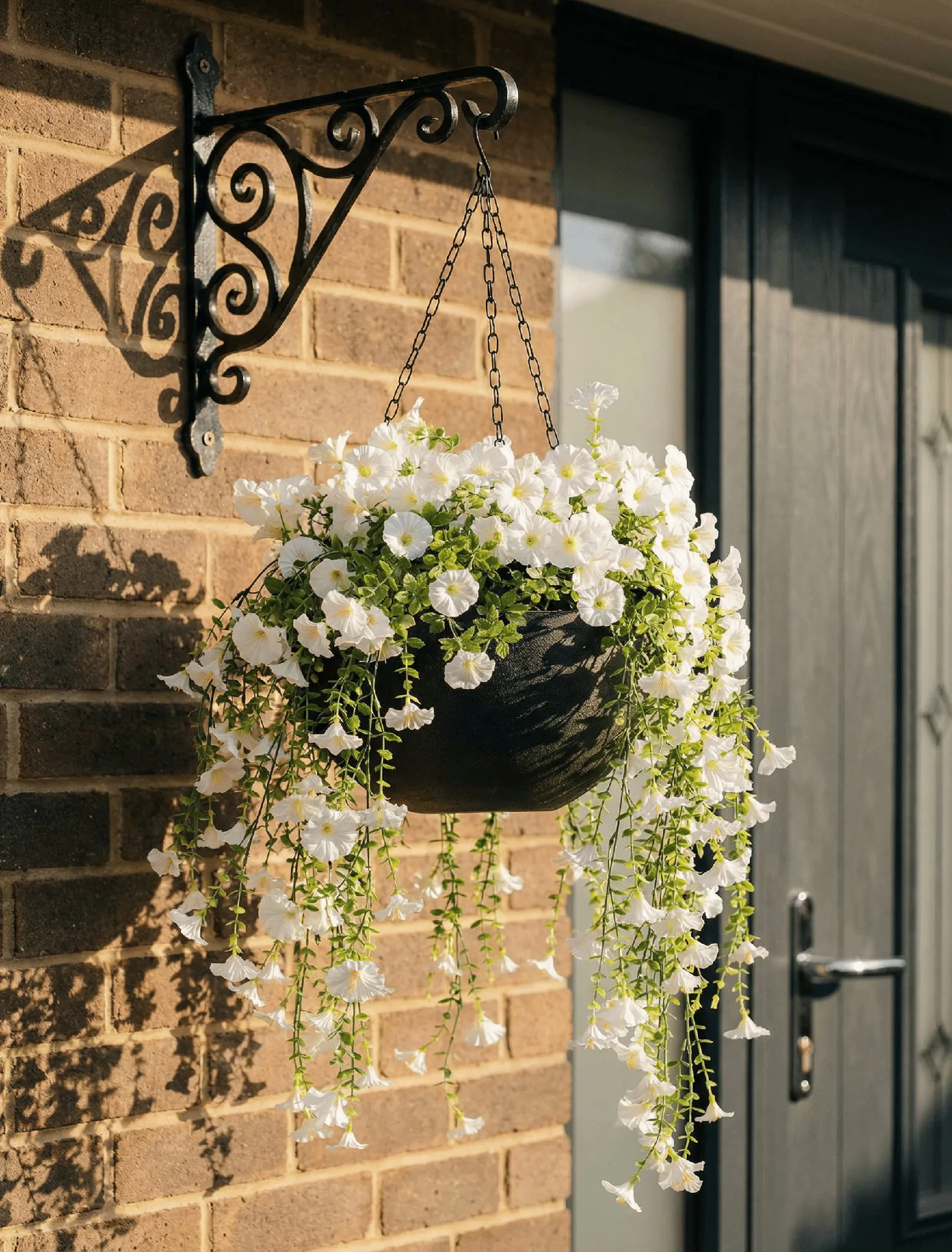 UV Resistant White Petunia Faux Flower Arrangement, 29cm x 15cm Hanging Basket for Outdoor Living Space, No Watering Needed, UV Protected PE Foliage