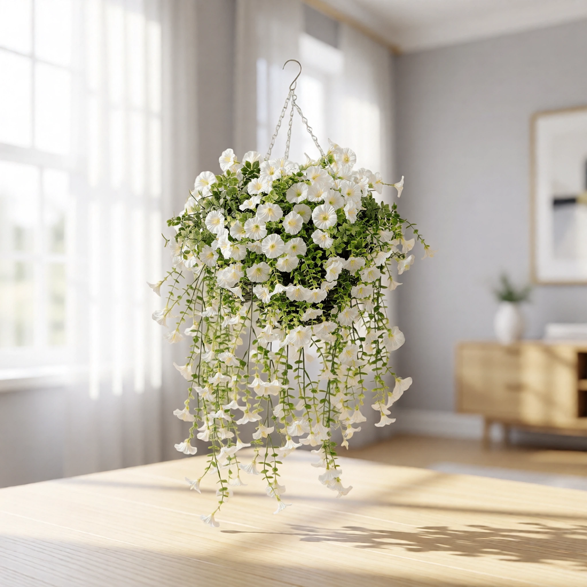 UV Resistant White Petunia Faux Flower Arrangement, 29cm x 15cm Hanging Basket for Outdoor Living Space, No Watering Needed, UV Protected PE Foliage