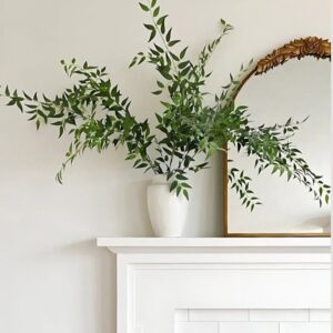 Lifelike Green Grey Ruscus Faux Floral Stems, 12 Artificial Silk Branches for Living Room, Elegant Modern Home Decor, No Watering Needed with Vase
