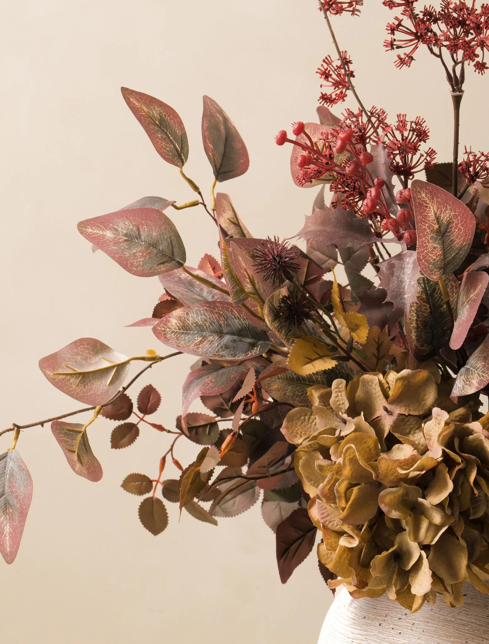 Lifelike Burgundy Berries & Hydrangea Faux Flower Arrangement, 20 Inch Silk Floral Centerpiece for Fall Decor, Farmhouse Style Vase Not Included
