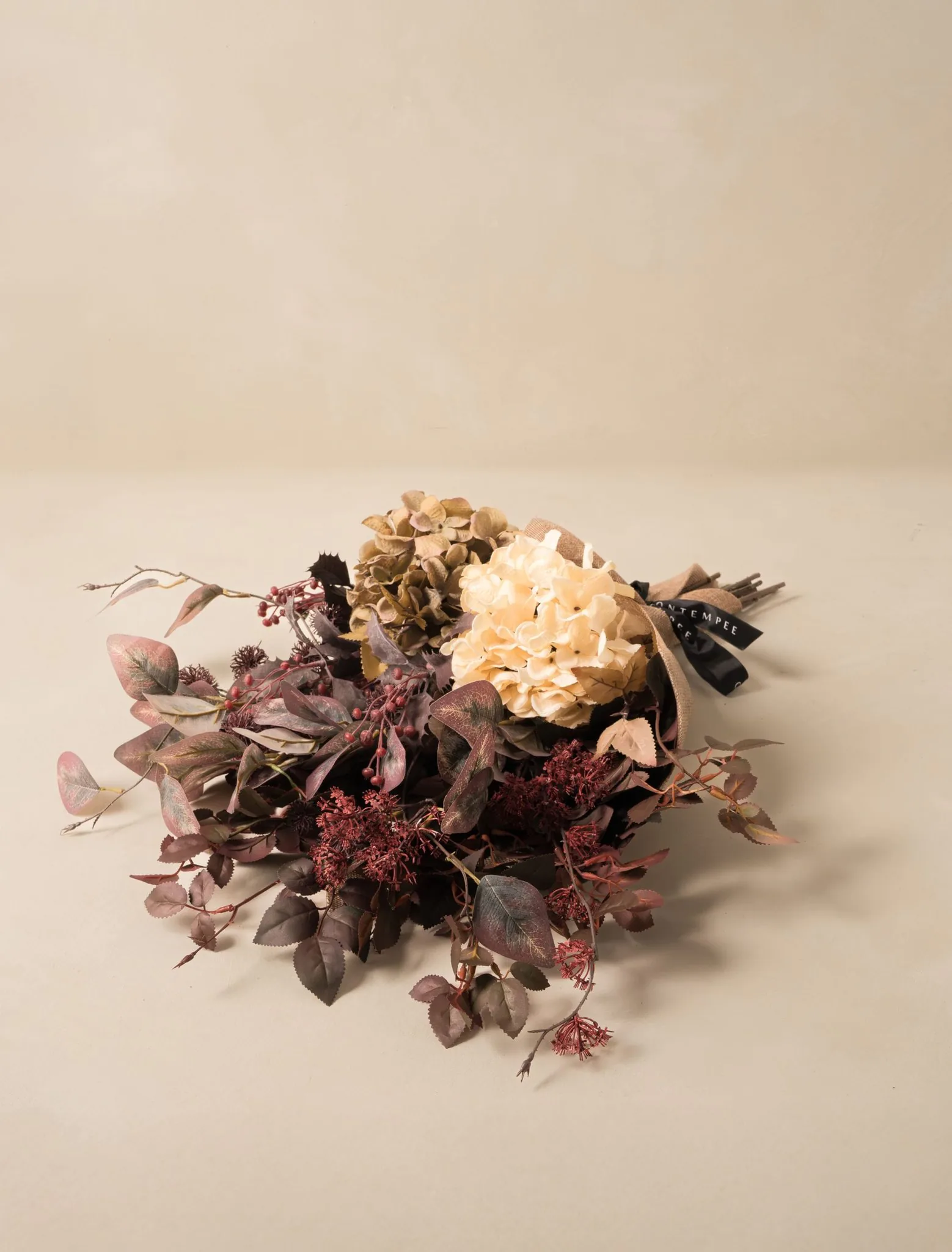 Lifelike Burgundy Berries & Hydrangea Faux Flower Arrangement, 20 Inch Silk Floral Centerpiece for Fall Decor, Farmhouse Style Vase Not Included