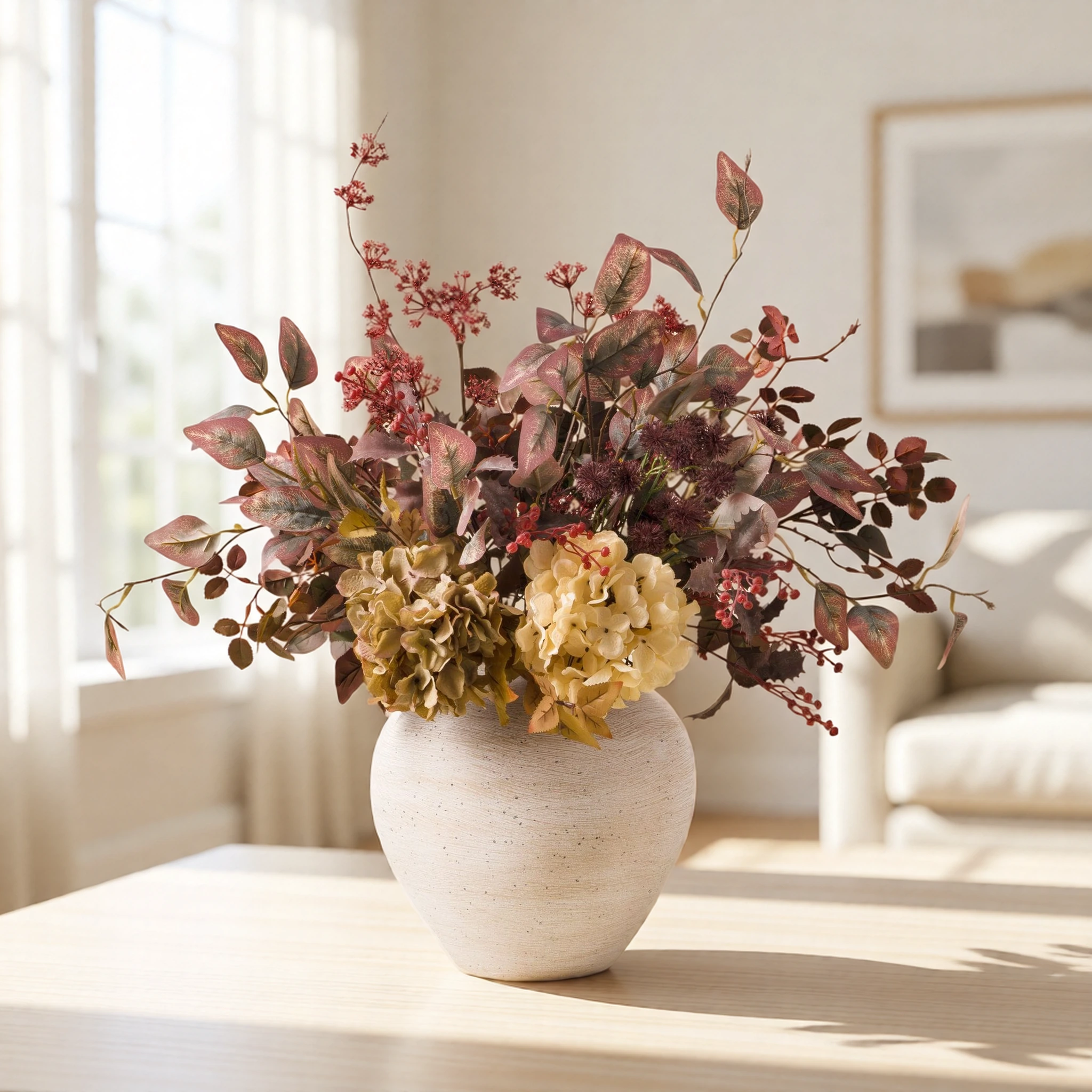 Lifelike Burgundy Berries & Hydrangea Faux Flower Arrangement, 20 Inch Silk Floral Centerpiece for Fall Decor, Farmhouse Style Vase Not Included