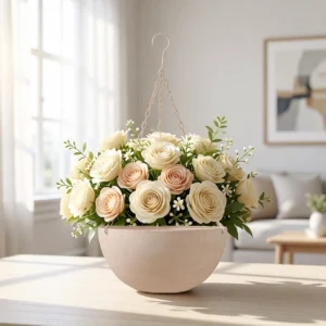 Real Touch Iris Iron Hanging Basket, 12 Inch Silk Flower Bouquet for Outdoor Use, Beige, No Watering Needed, Fall Decor, Vase Not Included