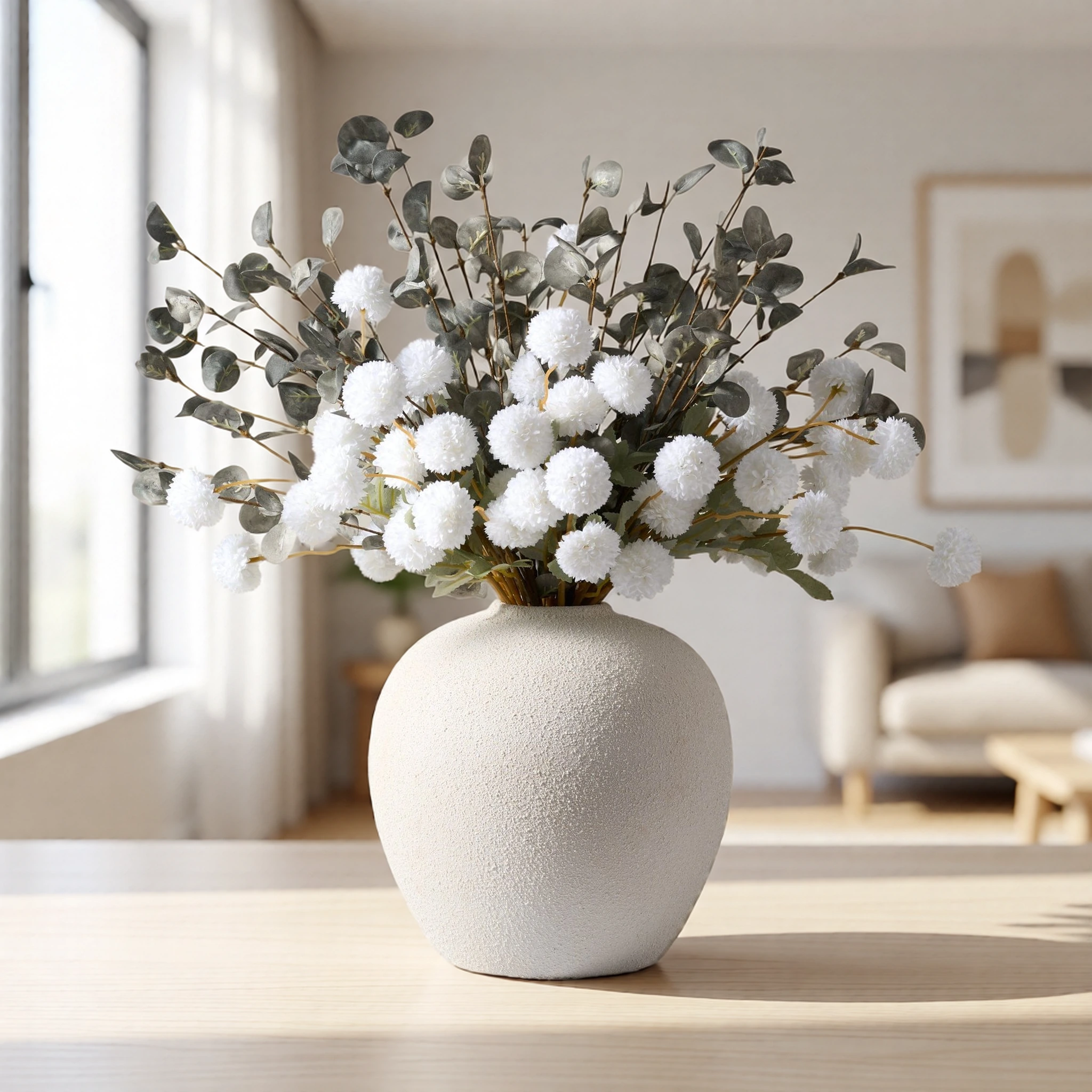 Lifelike Eucalyptus Faux Flower Arrangement, White & Green Artificial Flowers 24 Inch for Wedding Centerpiece, Farmhouse Decor, No Watering Needed