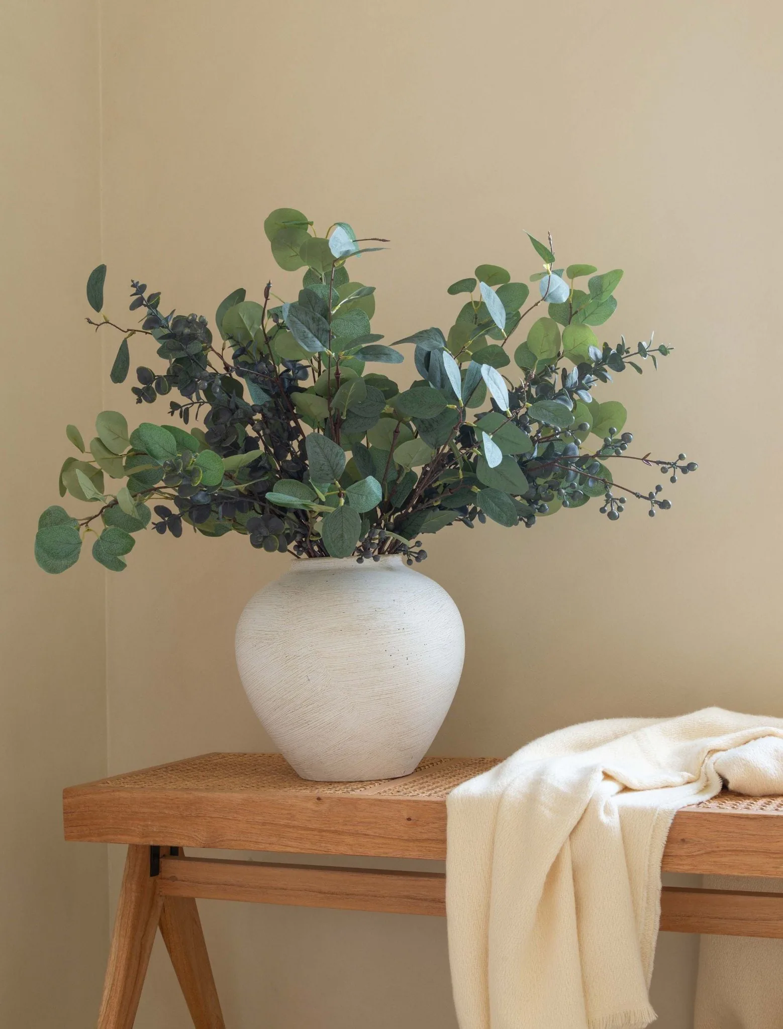Lifelike Eucalyptus and Blue Berry Faux Flower Arrangement, 31 Inch Silk Floral for Living Room Modern Decor, No Watering Needed