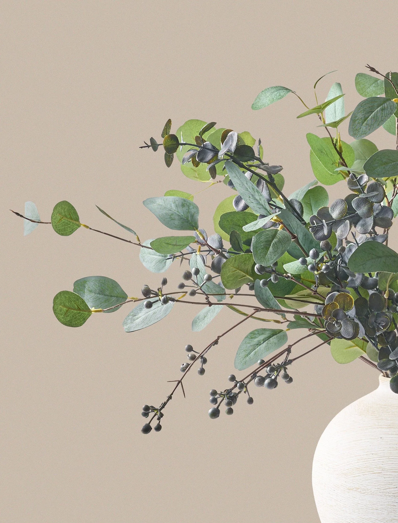 Lifelike Eucalyptus and Blue Berry Faux Flower Arrangement, 31 Inch Silk Floral for Living Room Modern Decor, No Watering Needed