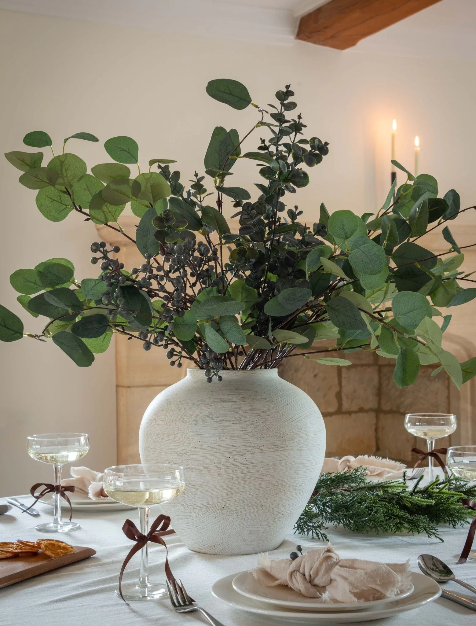 Lifelike Eucalyptus and Blue Berry Faux Flower Arrangement, 31 Inch Silk Floral for Living Room Modern Decor, No Watering Needed