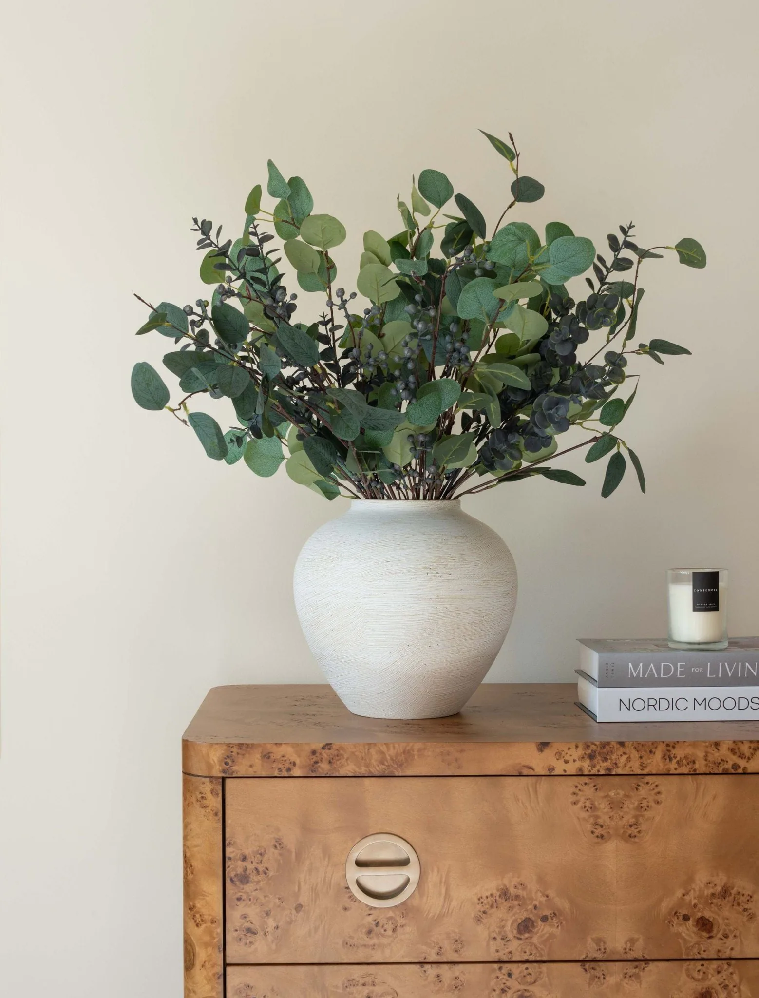 Lifelike Eucalyptus and Blue Berry Faux Flower Arrangement, 31 Inch Silk Floral for Living Room Modern Decor, No Watering Needed