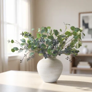 Lifelike Eucalyptus and Blue Berry Faux Flower Arrangement, 31 Inch Silk Floral for Living Room Modern Decor, No Watering Needed