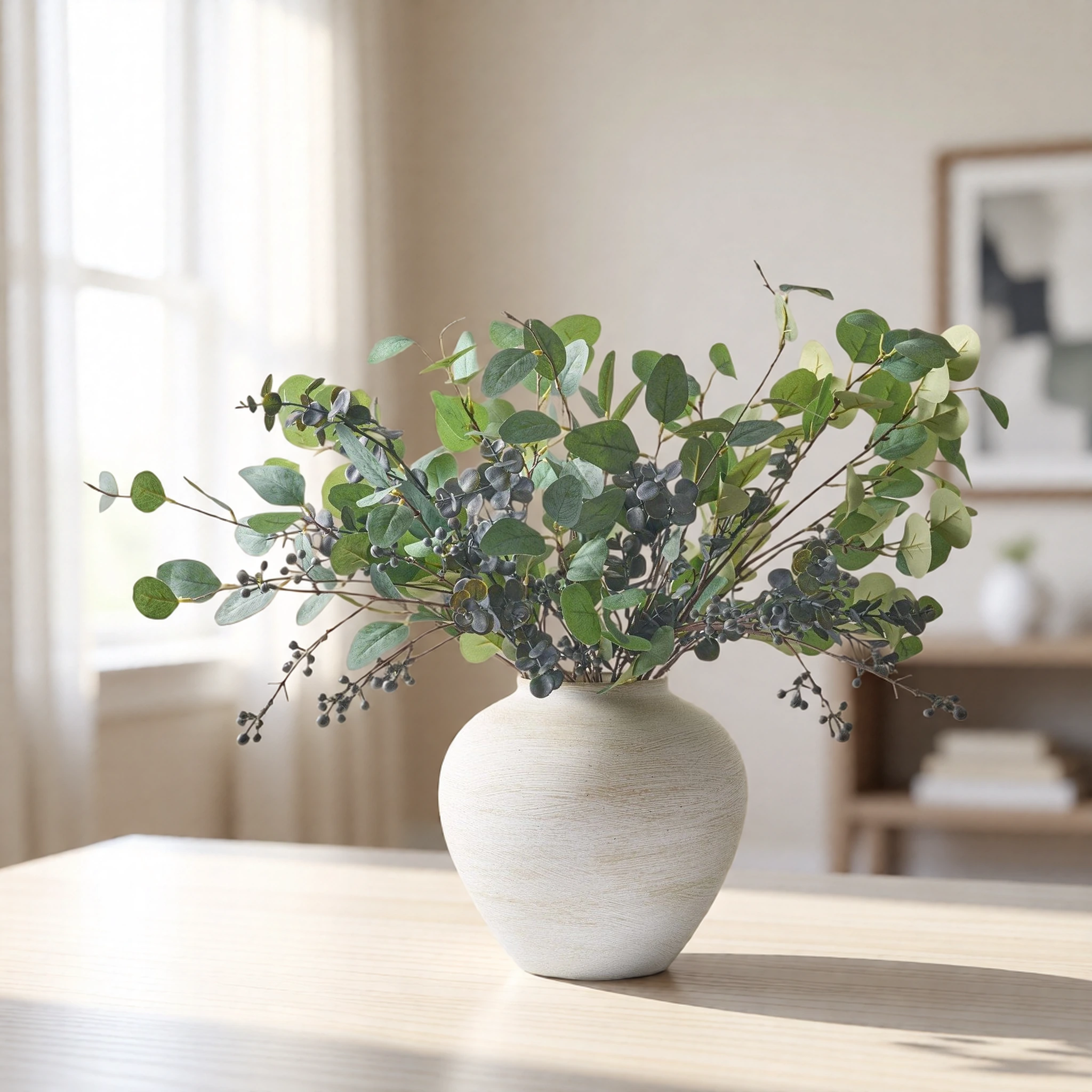 Lifelike Eucalyptus and Blue Berry Faux Flower Arrangement, 31 Inch Silk Floral for Living Room Modern Decor, No Watering Needed
