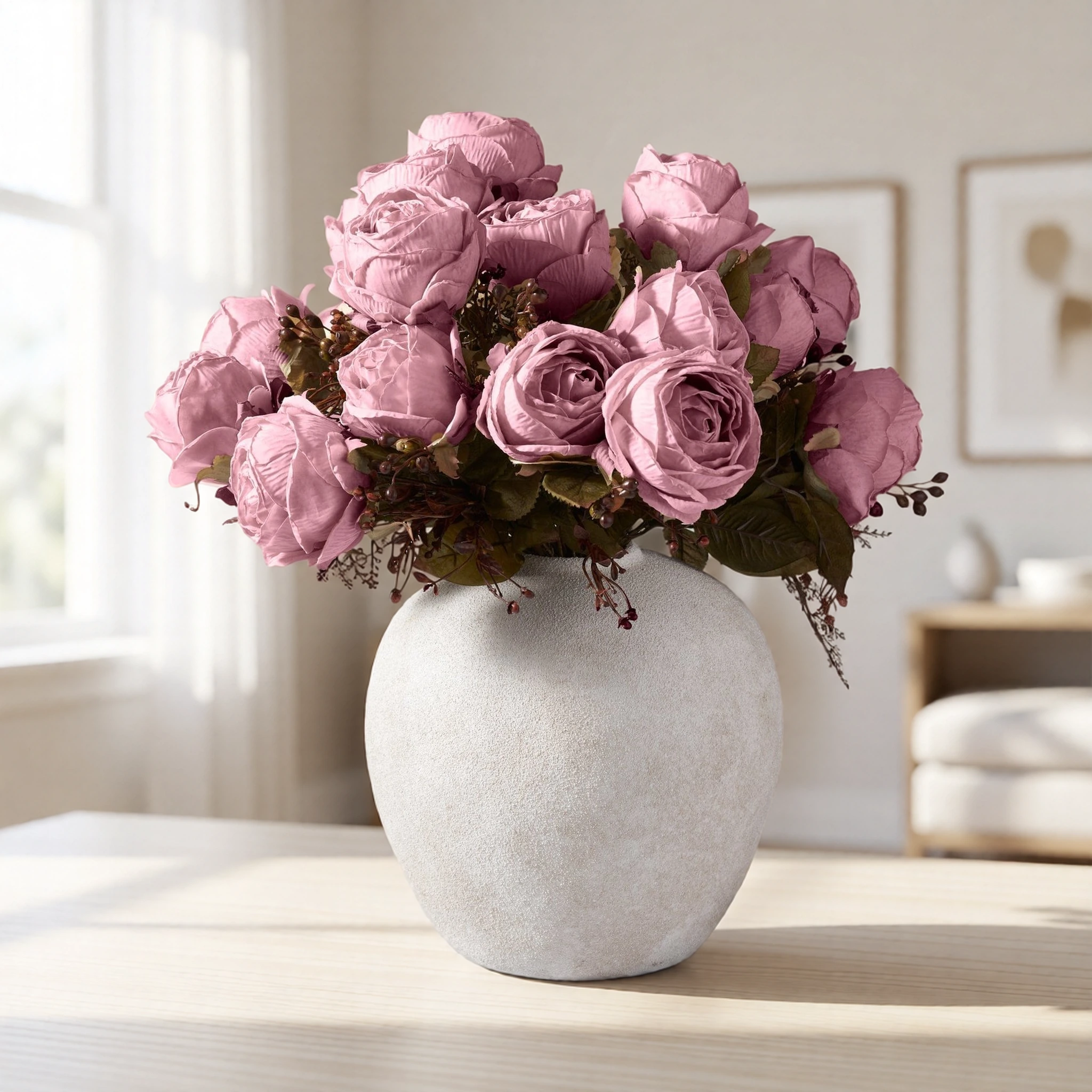 Real Touch Pink Rose Faux Flower Arrangement, 21 Roses Artificial Silk Floral Stems for Living Room, Elegant Spring Decor, No Watering Needed Vase