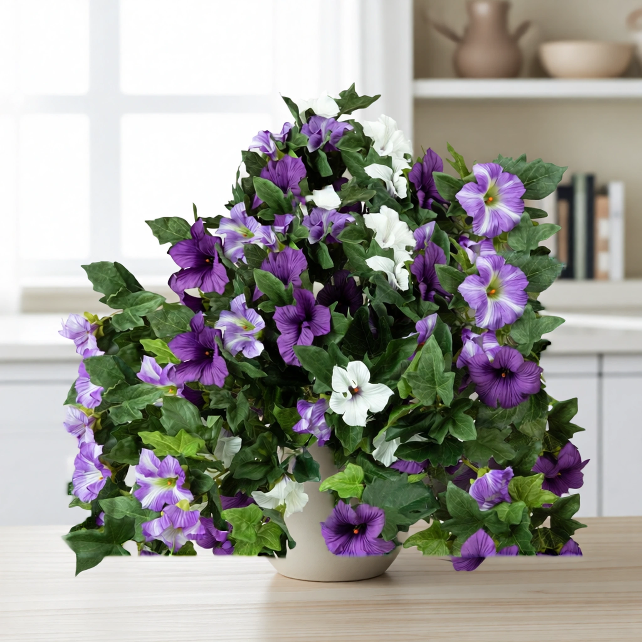 UV Resistant Lavender Petunia Faux Flower Arrangement, 26 Inch Silk Floral for Covered Outdoor Use, UV Treated Polyester Greenery, No Watering Needed