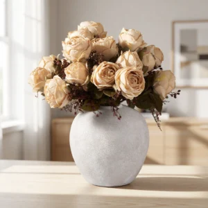 Lifelike Beige Rose Faux Flower Arrangement, 22 Inch Silk Floral Centerpiece for Living Room, Elegant Fall Decor, No Watering Needed Vase Not Included