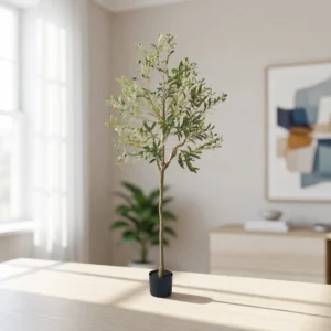 Realistic Olive Tree Artificial Plant, 63 Inch Faux Greenery for Entryway, Mediterranean Style Home Decor, Maintenance Free Vase Not Included