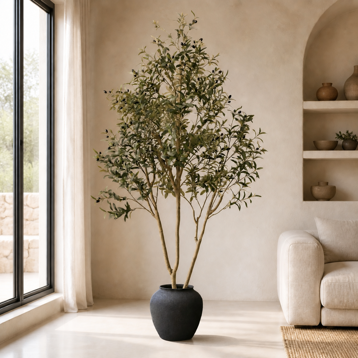 79 inch artificial Mediterranean olive tree in a rounded black floor planter