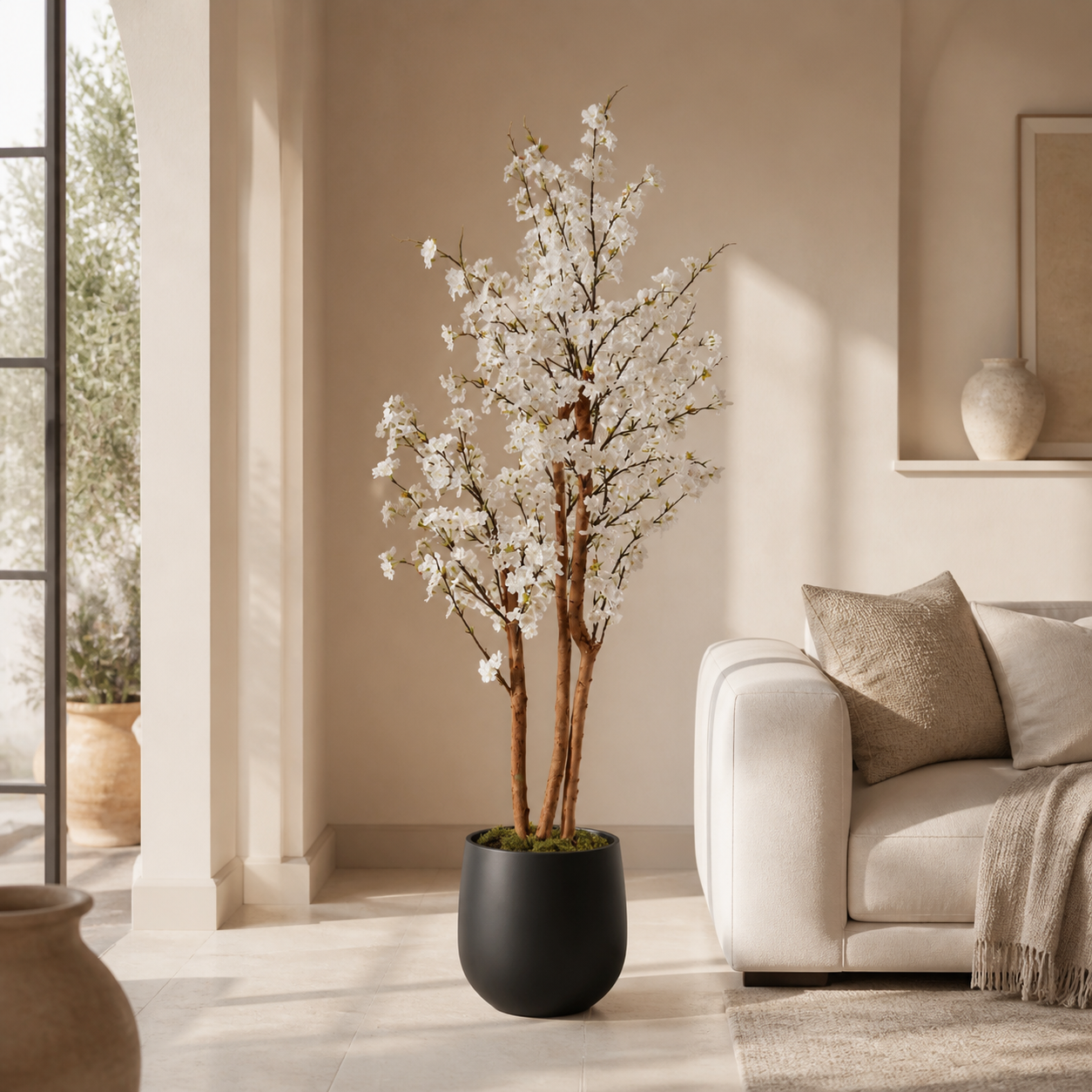 63 inch artificial white cherry blossom tree in a rounded black floor planter
